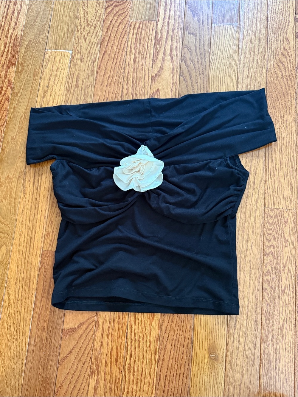 Reformation Black Off-Shoulder Crop Top with Cream Rose